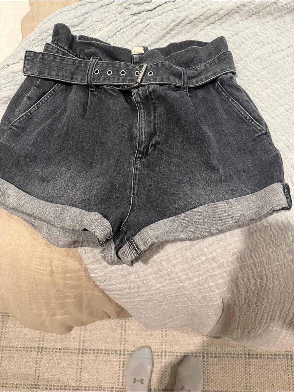 Alice + Olivia Washed Black High-Rise Paperbag Denim Shorts with Belt